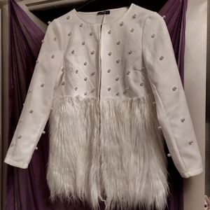 Large SHEIN White Pearl Beaded/Faux-Fur Cardigan